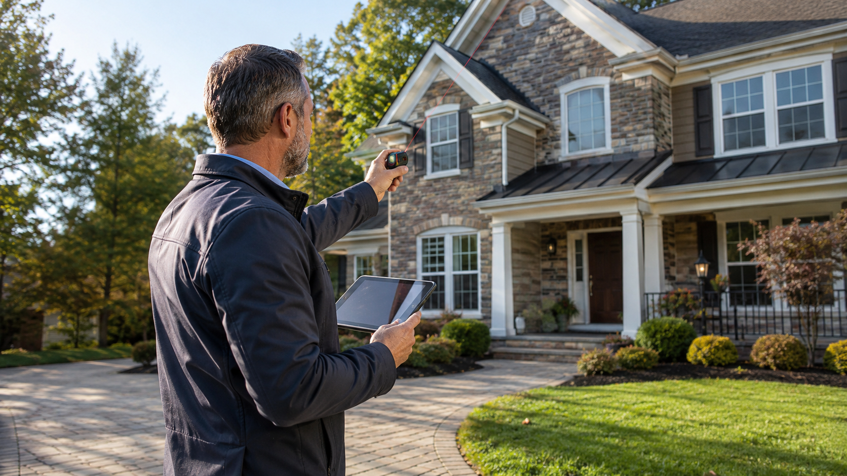 Appraiser measuring a stone-front home with a laser measure and tablet