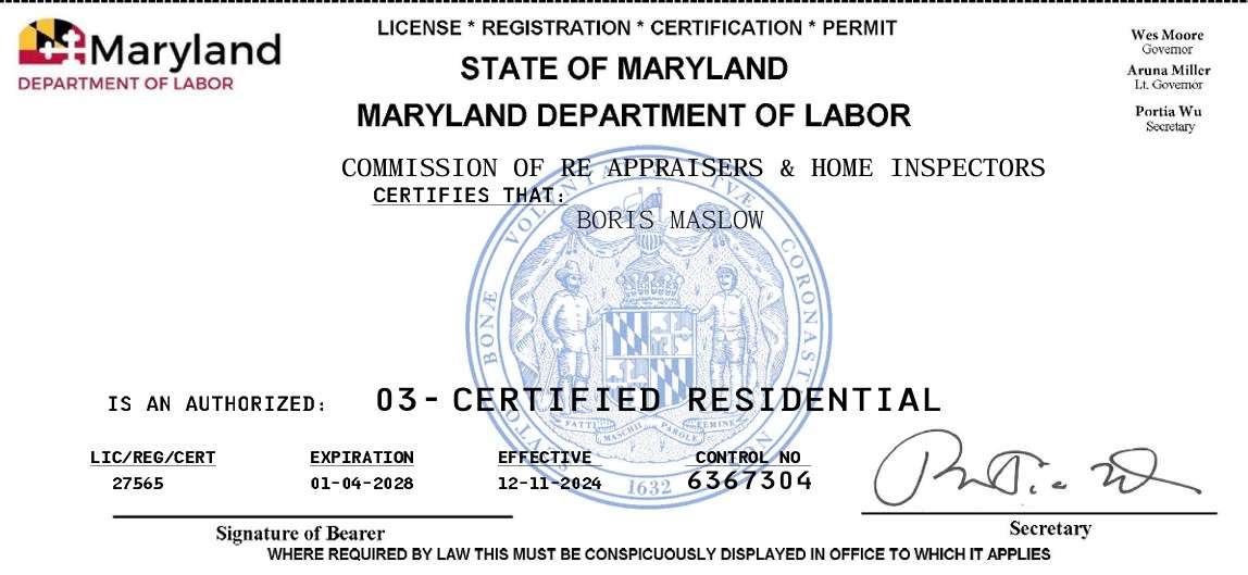 Maryland Certified Residential Appraiser license